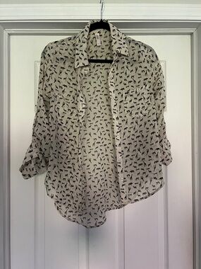 Xhilaration Cream Button-Down Shirt with Black Dog Print